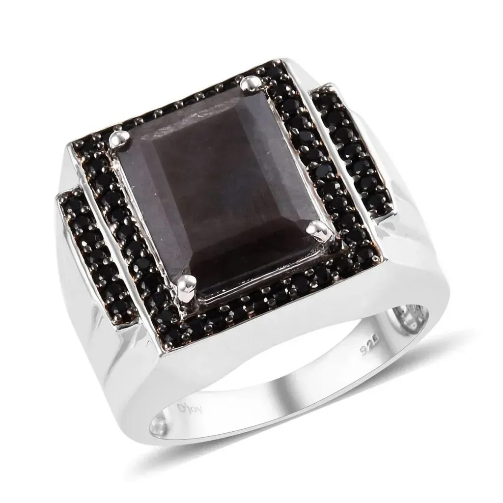 Natural Silver Sapphire and Natural Thai Black Spinel Men's Ring in Platinum Over Sterling Silver