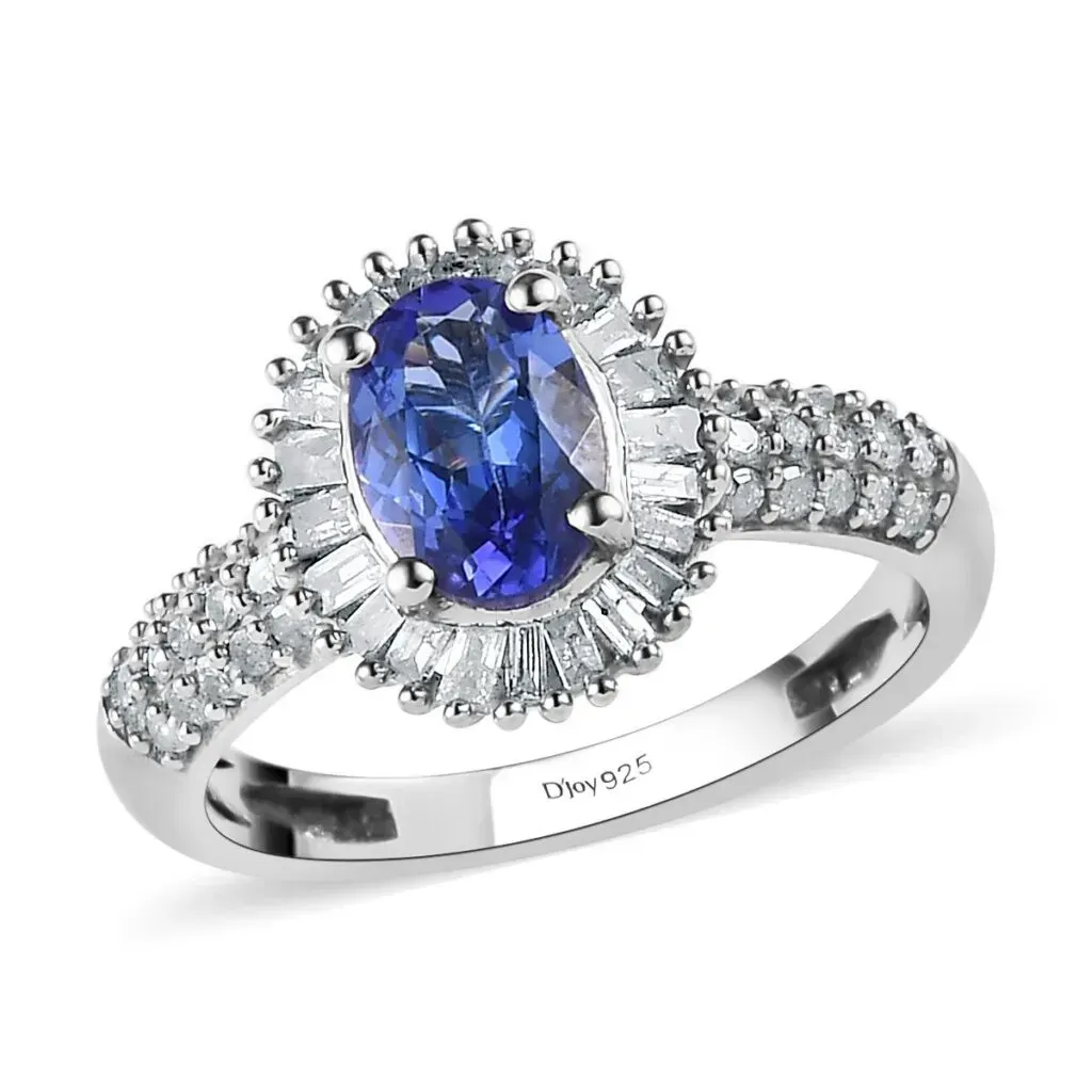 AAA Tanzanite and Diamond Halo Ring in Platinum Over Sterling Silver