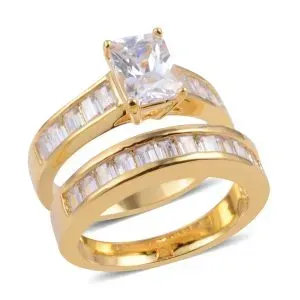 Cubic zirconia engagement ring and wedding band set.