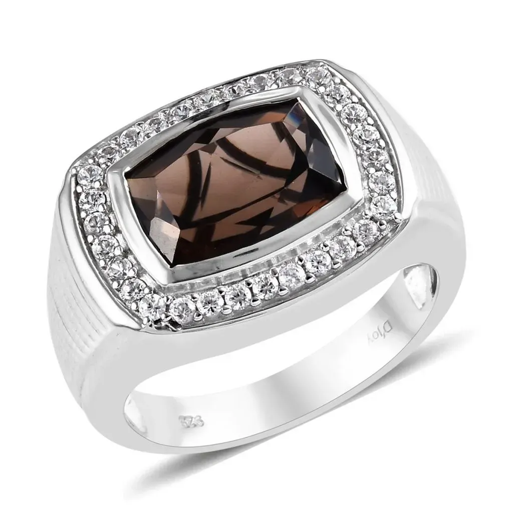 Brazilian Smoky Quartz and Zircon Men's Ring in Platinum Over Sterling Silver