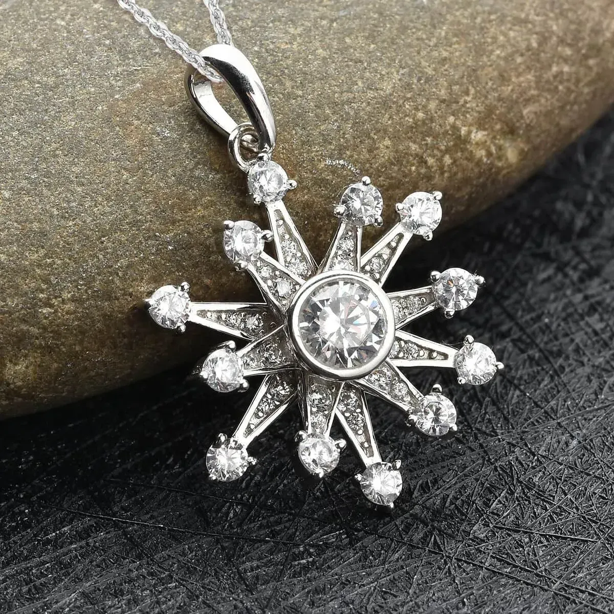 Simulated Diamond Snowflake Necklace in Rhodium Over Sterling Silver with Stainless Steel Necklace (20 Inches) 