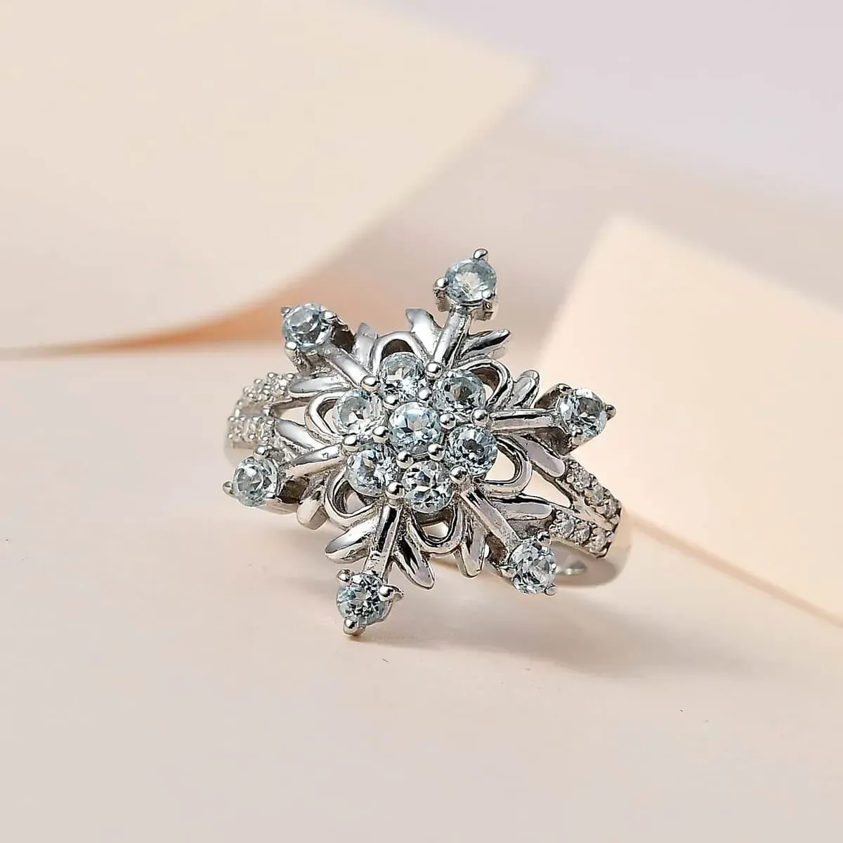 Premium Sky Blue Topaz and Moissanite Snowflake Ring in Platinum Over Sterling Silver