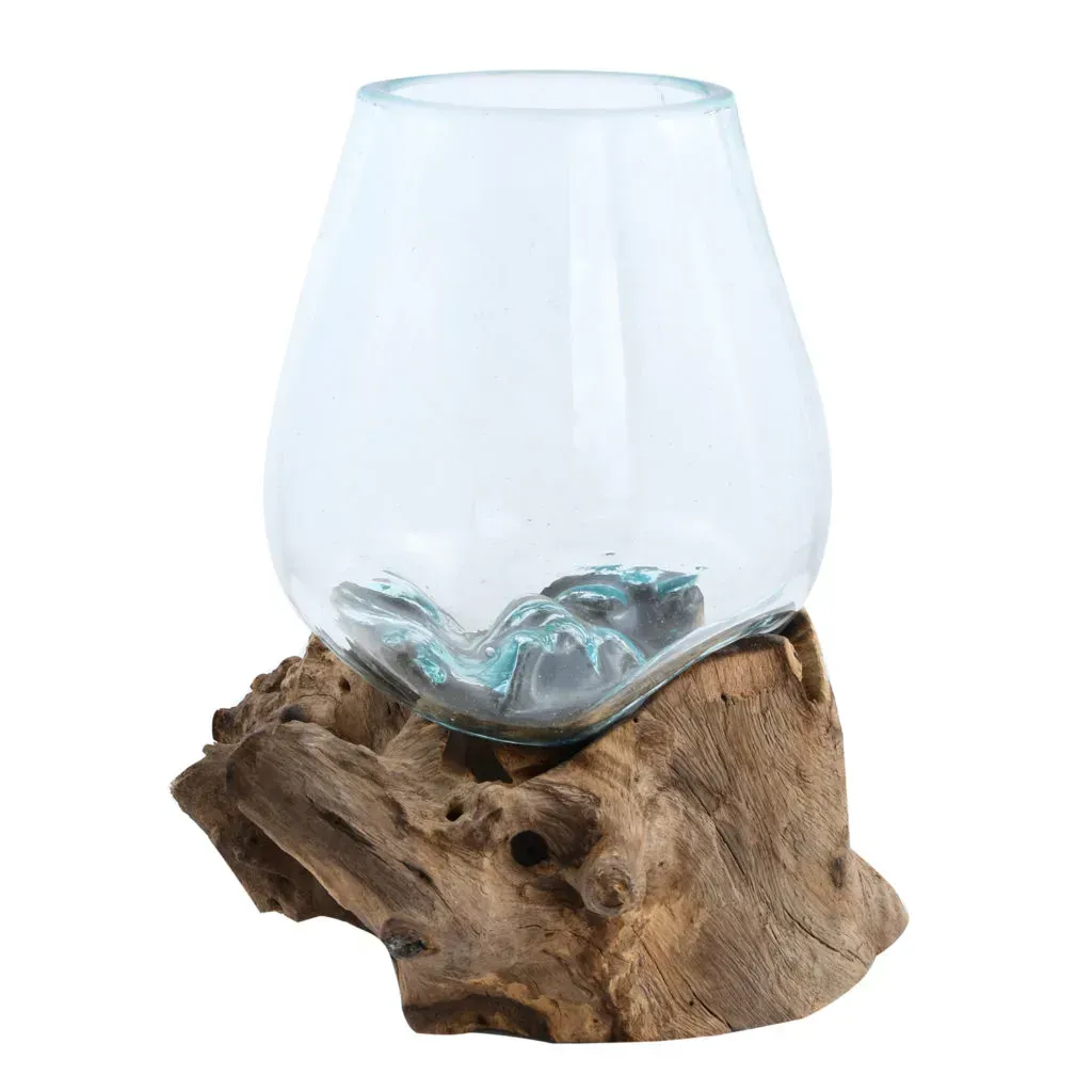 Designer Inspired Artisan Commissioned Bali Handblown Molten Glass Bowl with Wood Base