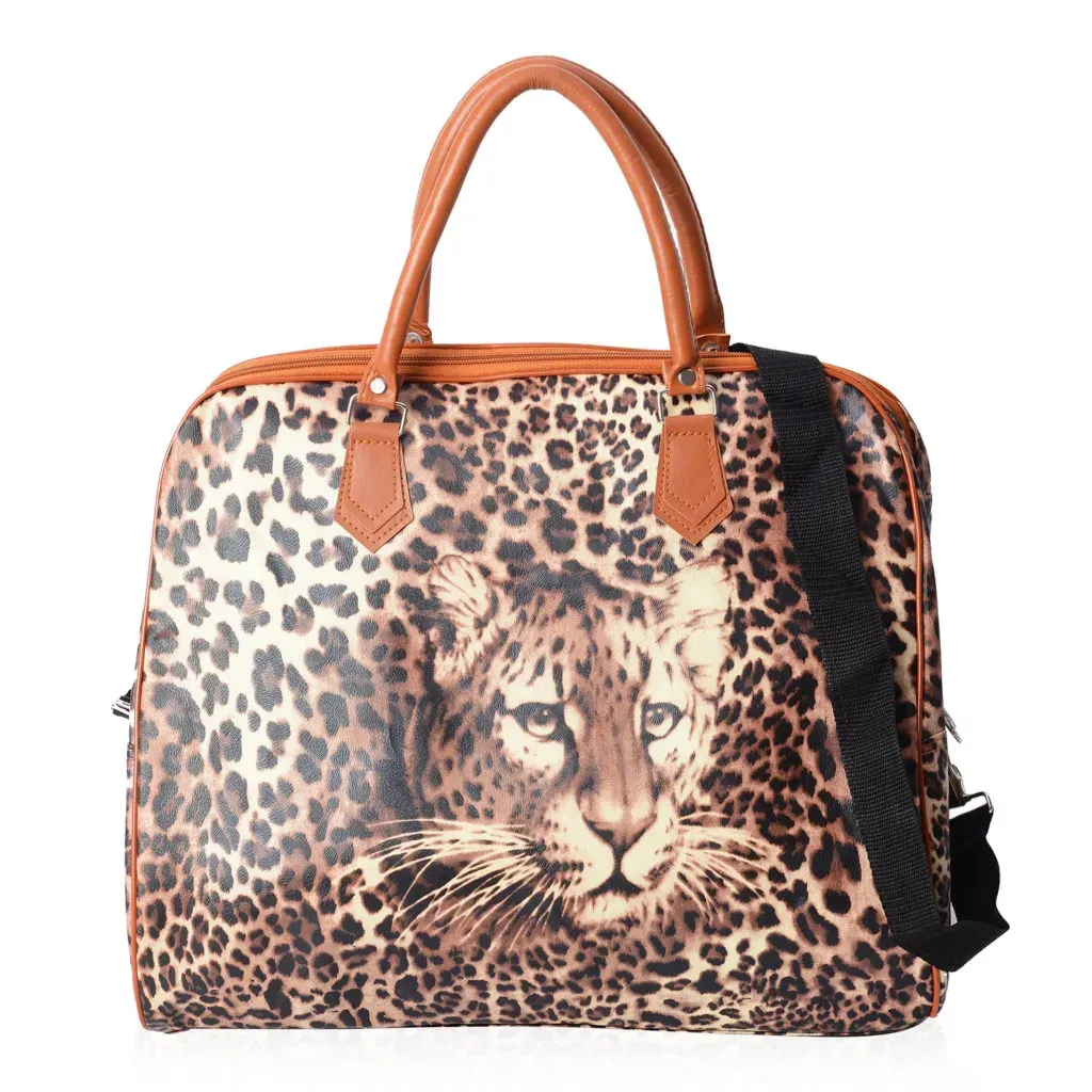 Oversized Women Brown, Beige Faux Leather Leopard Pattern Duffel Bag with Detachable Shoulder Strap