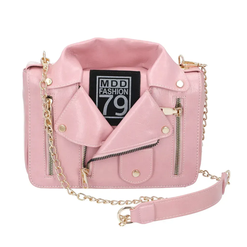 Pink Faux Leather Jacket Crossbody Bag with Shoulder Strap