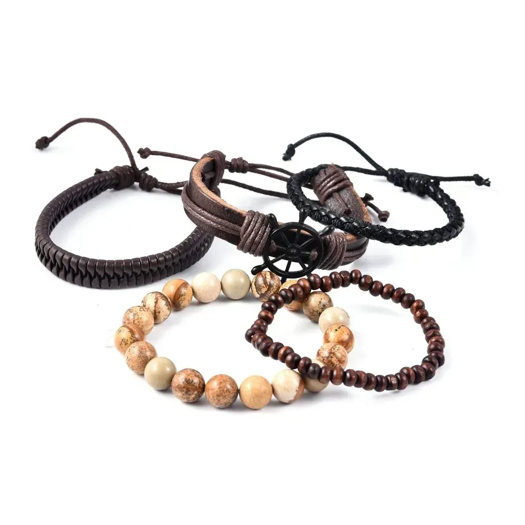 An assortment of men's bracelets for stacking. 
