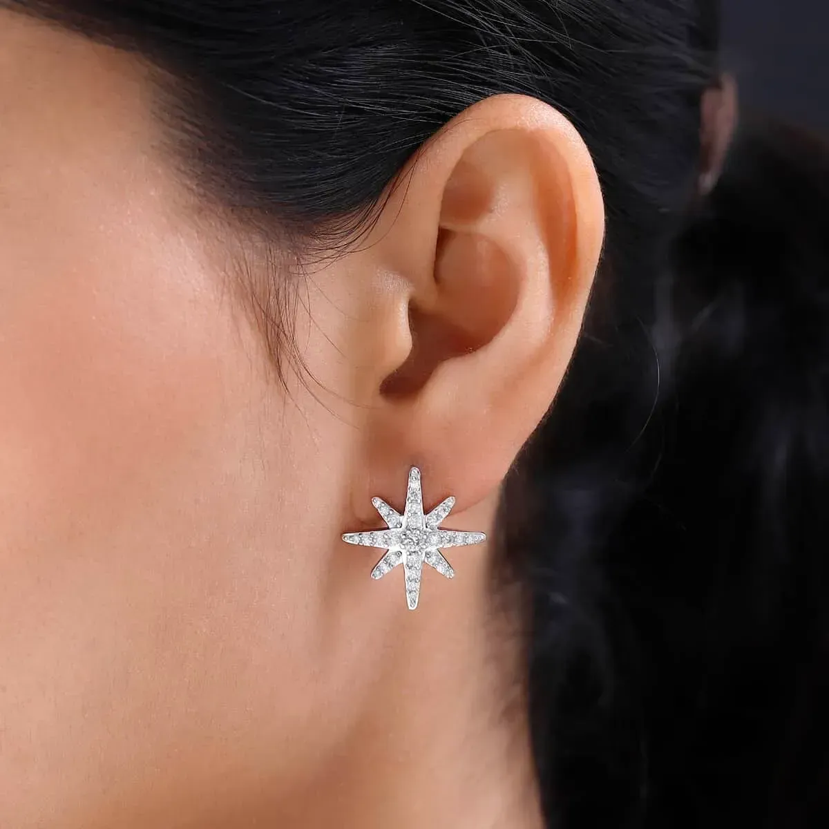 Moissanite Starburst Earrings in Platinum Over Sterling Silver