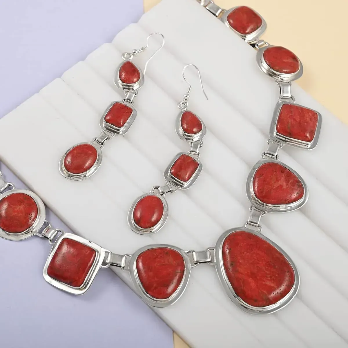 Santa Fe Style Coral Dangle Earrings and Statement Necklace 20 Inches in Sterling Silver
