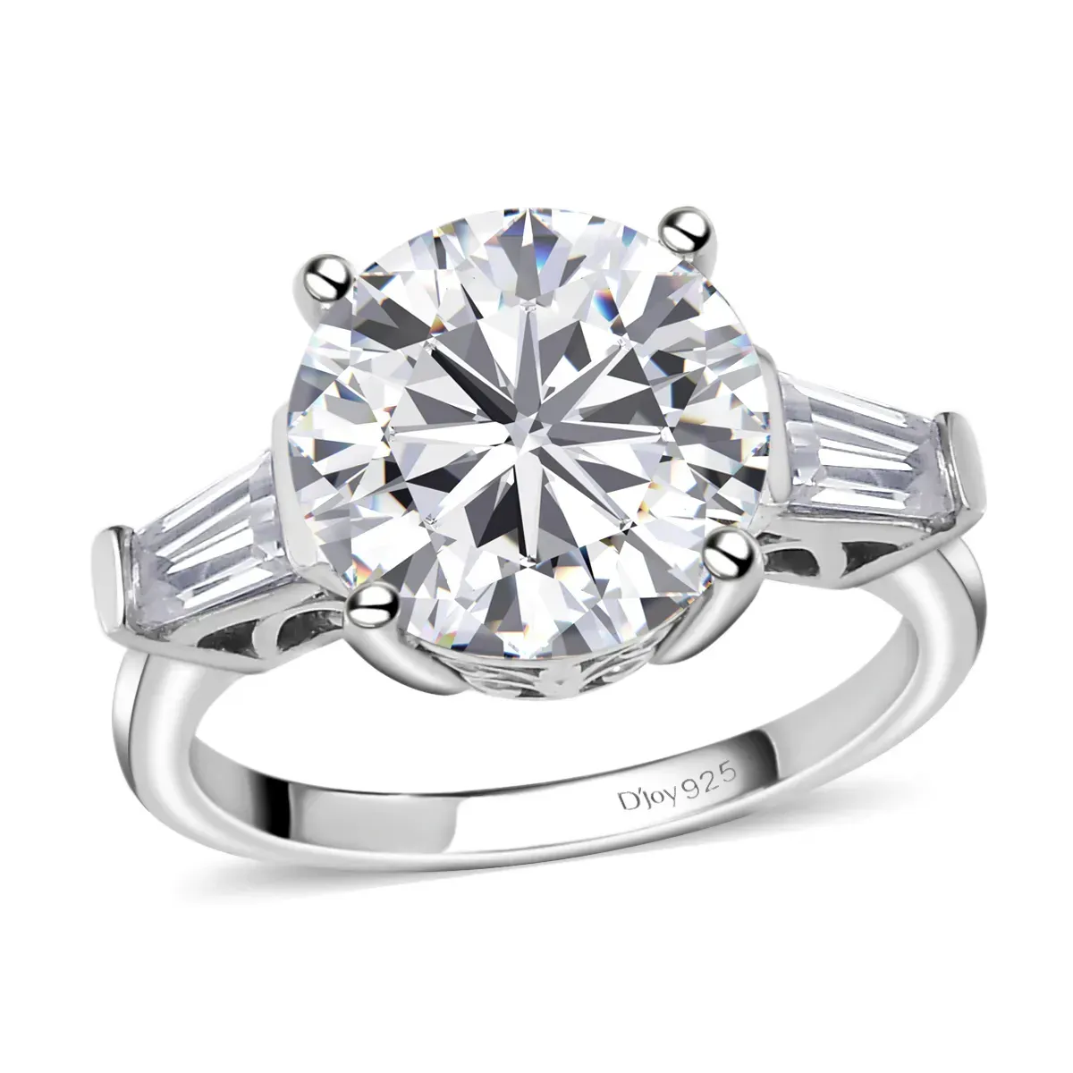 Heart & Arrow Cut Moissanite 3 Stone Ring in Platinum Over Sterling Silver