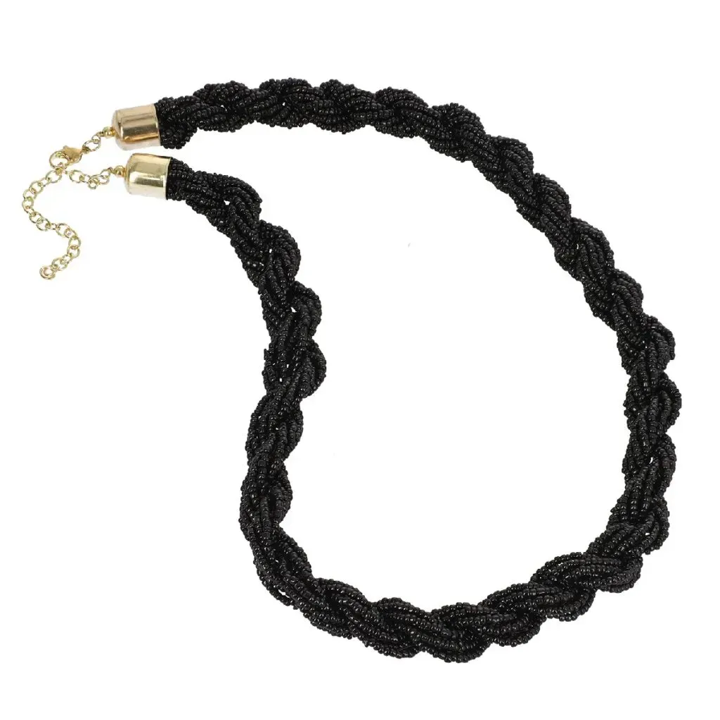 Black Glass Seed Beaded Necklace (22 Inches) in Goldtone