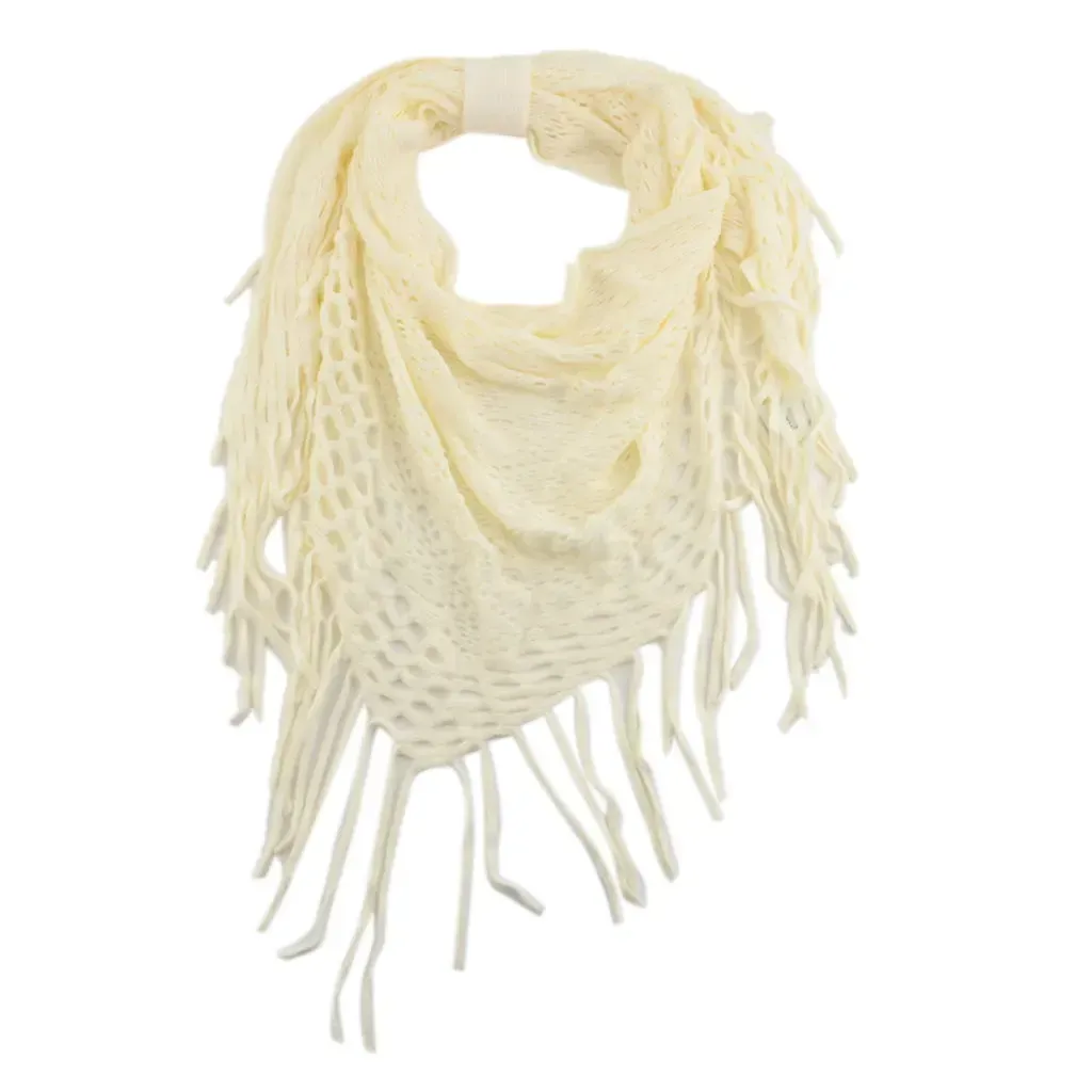 Ivory Diamond Knit Scarf with Pom Pom Trim and Hanger.