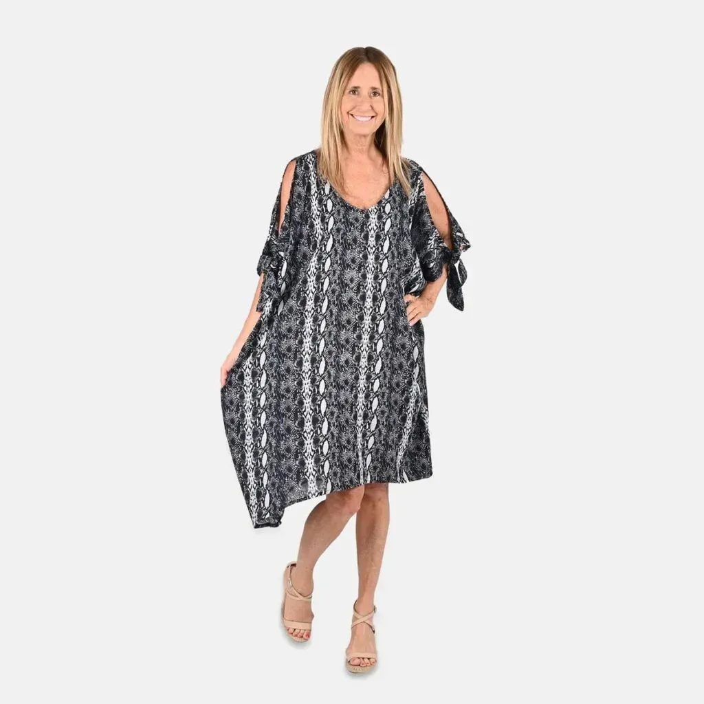 Tamsy Dark Blue and White V-Neck Dress with Tie Sleeves - One Size Fits Most