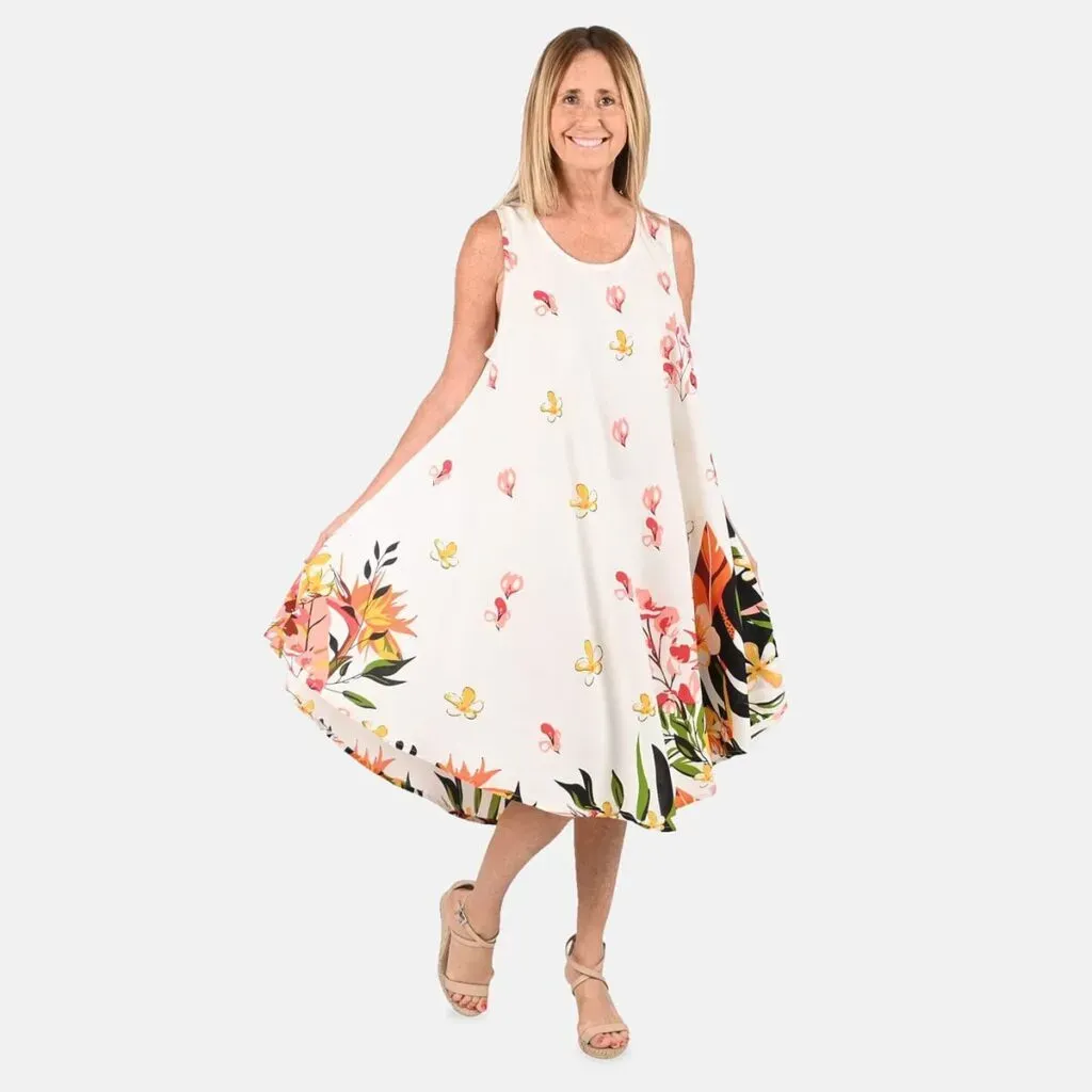 Tamsy White Floral Screen Printed Umbrella Dress - One Size Fits Most