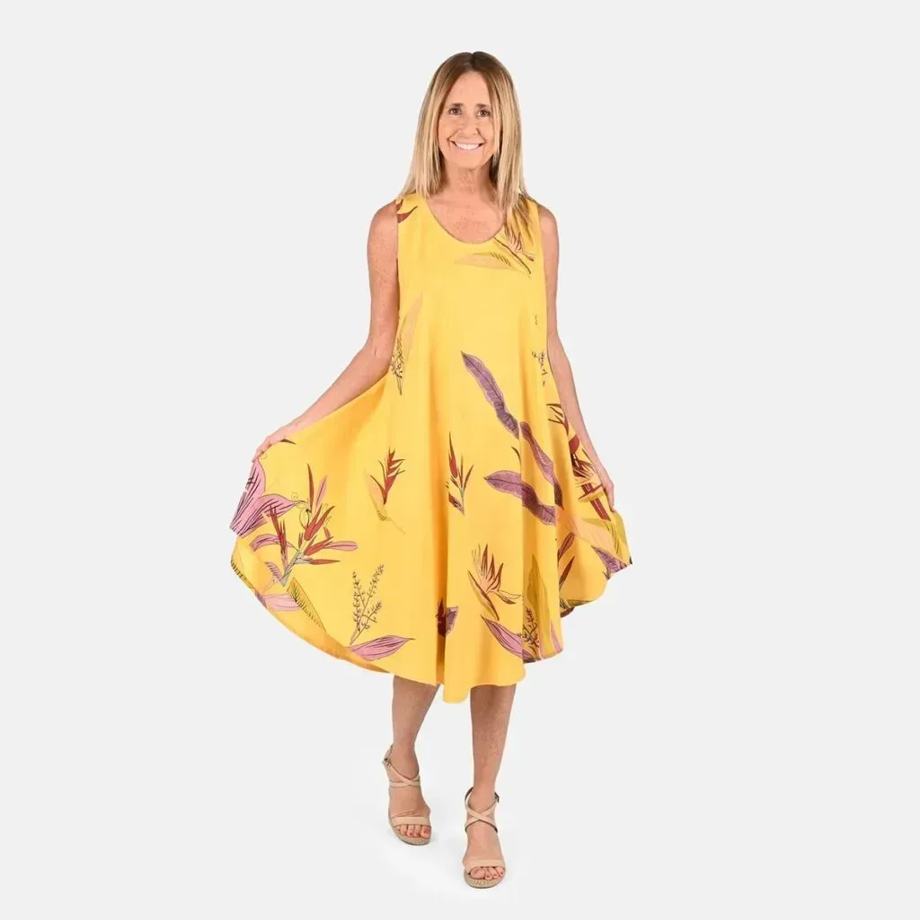 Tamsy Mustard Floral Screen Printed Umbrella Dress - One Size Fits Most