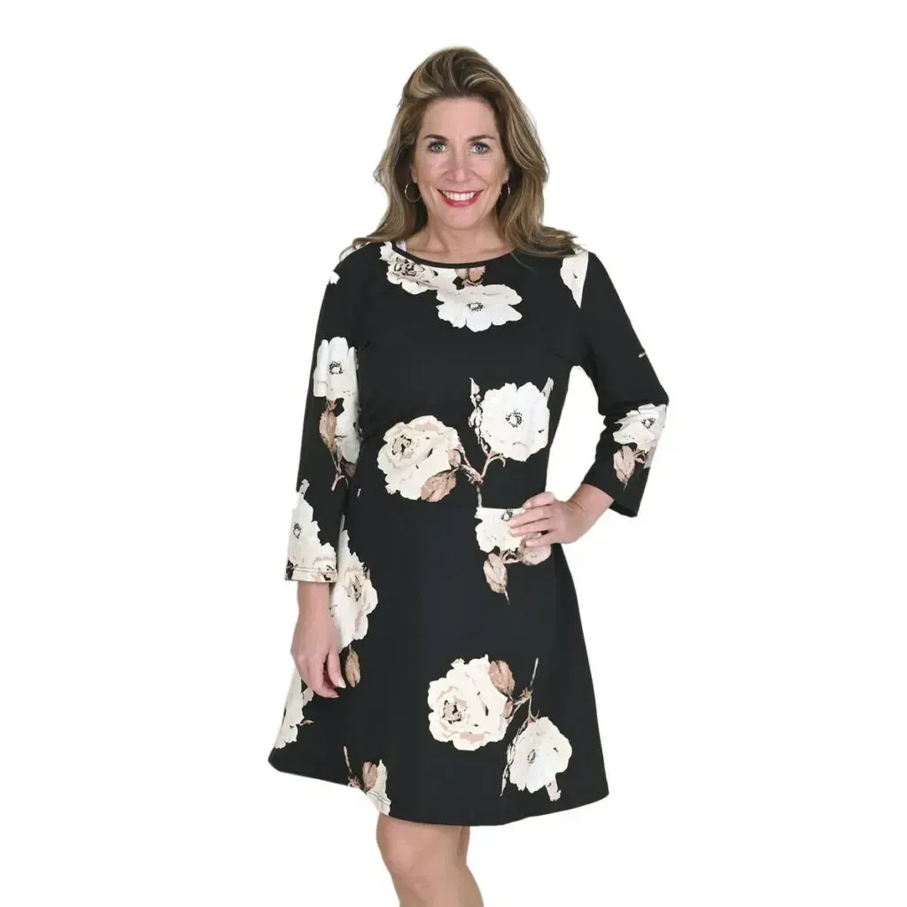 Tamsy Black and White Floral Midi Drop-waist Long Sleeve Dress - Medium