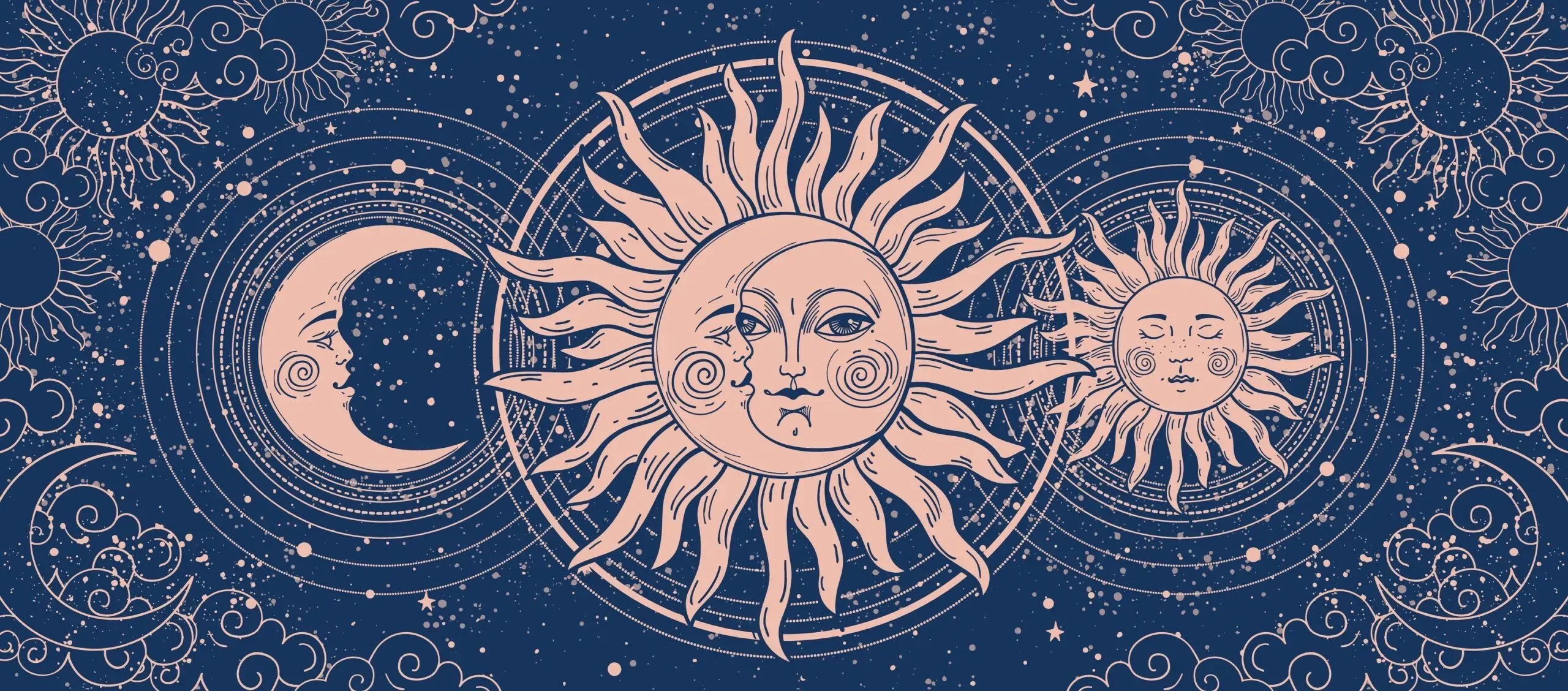 Crescent moon and sun with a face on a blue background with stars. 