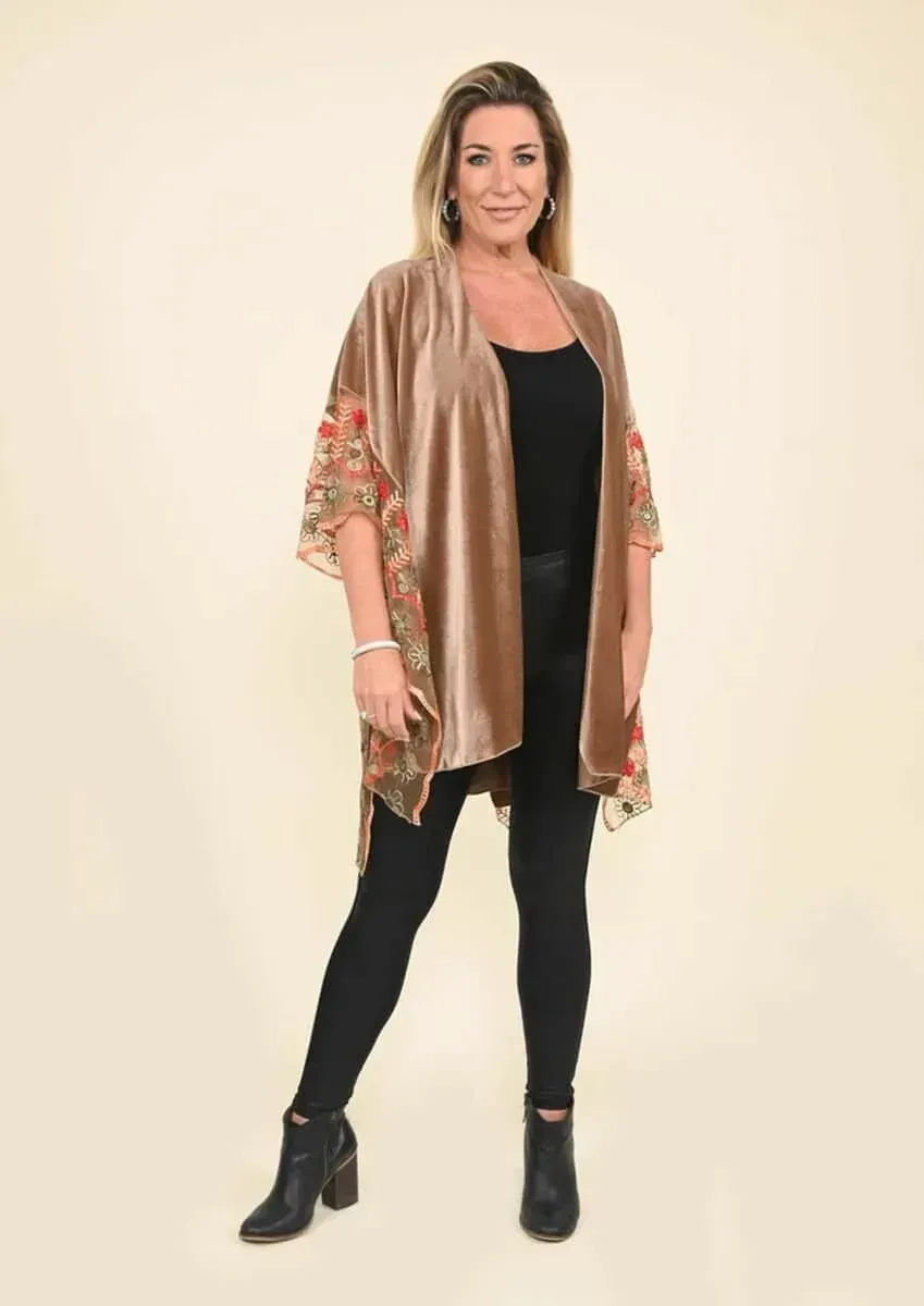 Tamsy Black Label - Carmel Velvet Kimono with Multicolor Floral Embroidered Sleeve
