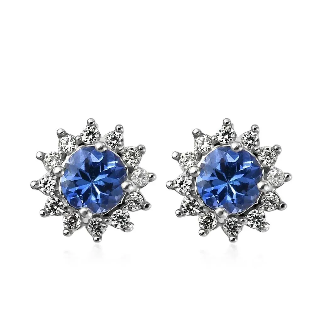 Tanzanite Earrings with Natural Zircon Flower Stud Earrings for Women in Platinum Over Sterling Silver, Wedding Gift for Her 1.00 ctw