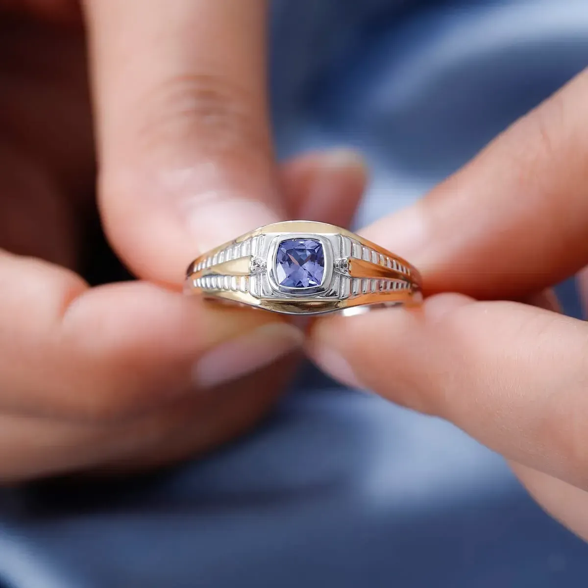 Tanzanite and White Zircon Men's Ring in Vermeil Yellow Gold and Platinum Over Sterling Silver 0.75 ctw