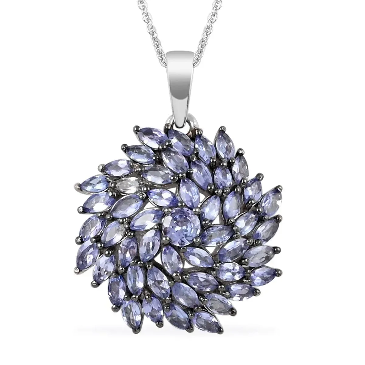 Tanzanite Floral Spray Pendant Necklace 20 Inches in Platinum Over Sterling Silver 4.25 ctw