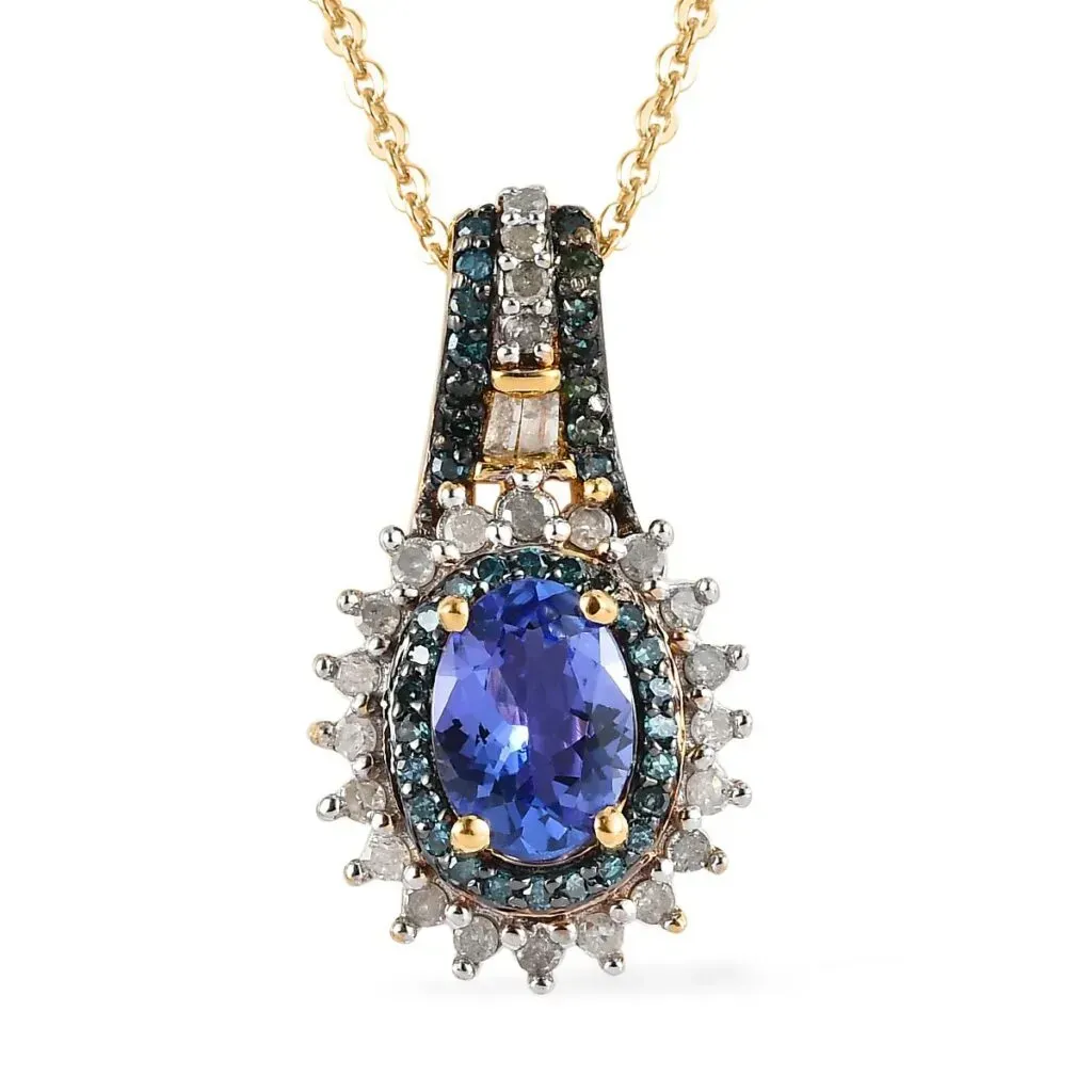 AAA Tanzanite, Blue and White Diamond Sunburst Pendant Necklace 20 Inches in Vermeil Yellow Gold Over Sterling Silver 1.10 ctw
