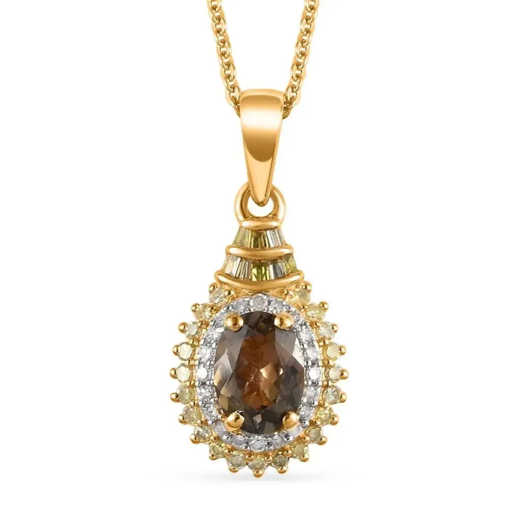 Golden Tanzanite, Natural Yellow and White Diamond Double Halo Pendant Necklace 20 Inches in Vermeil Yellow Gold Over Sterling Silver 1.10 ctw