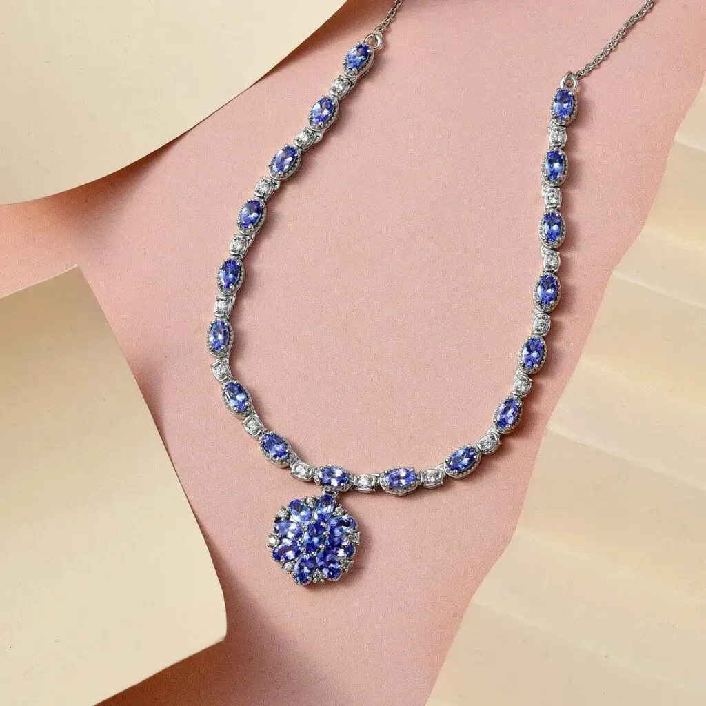 Tanzanite and Natural White Zircon Necklace 18 Inches in Platinum Over Sterling Silver 6.50 ctw