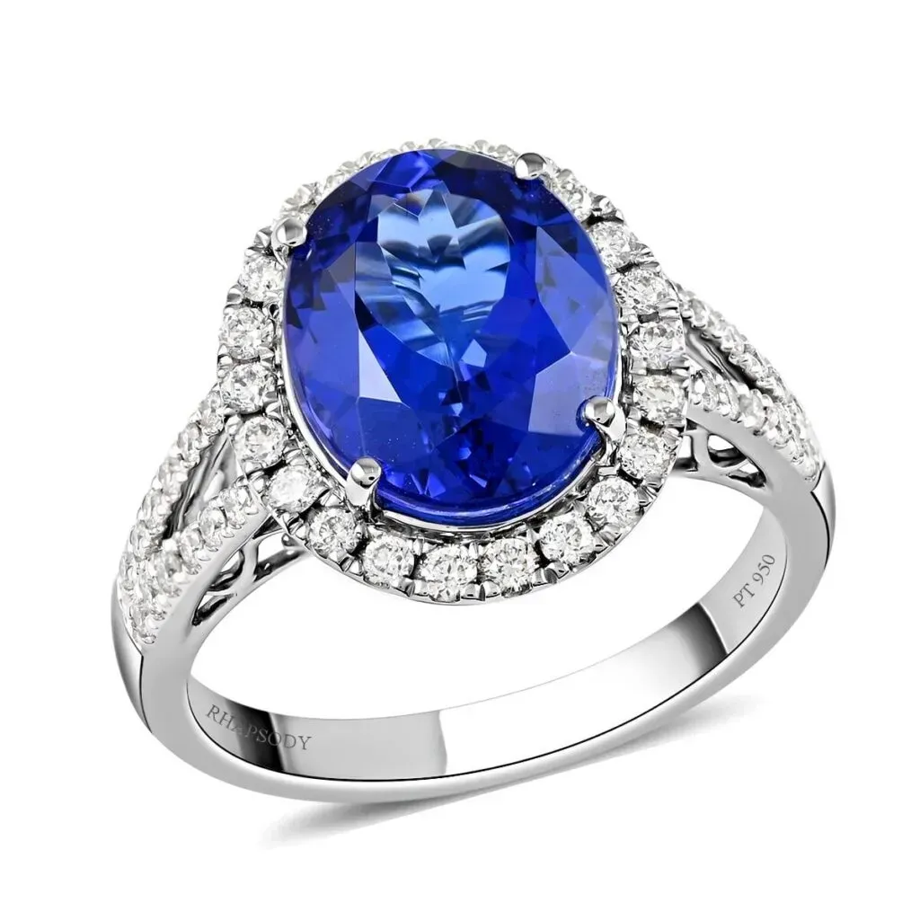 Certified & Appraised Rhapsody 950 Platinum AAAA Tanzanite and E-F VS Diamond Halo Ring 6.65 Grams 5.30 ctw