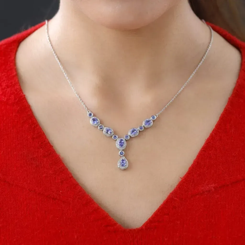 AAA Tanzanite and White Zircon Necklace 18-20 Inches in Platinum Over Sterling Silver 3.35 ctw
