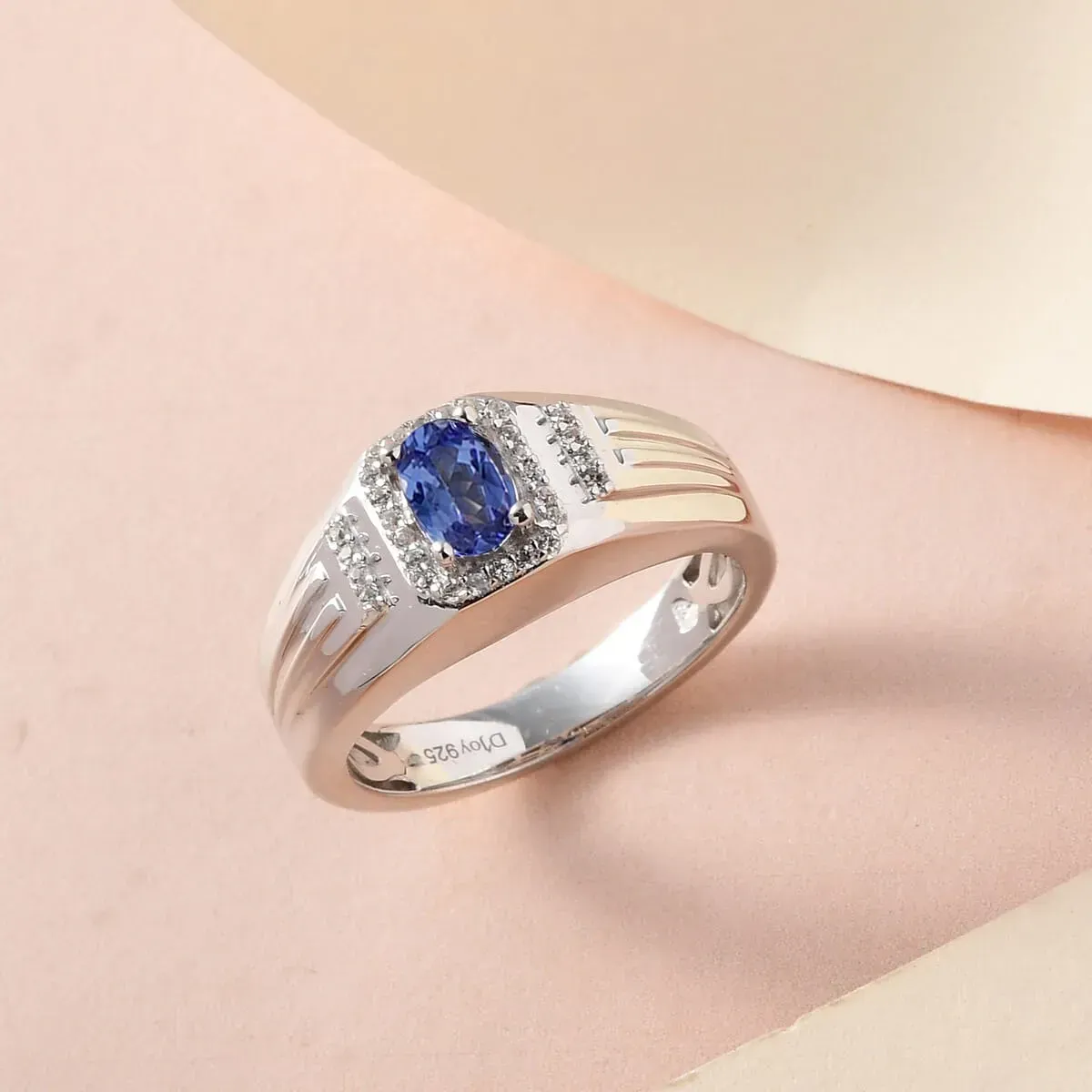 AAA Tanzanite and White Zircon Men's Ring in Platinum Over Sterling Silver 1.00 ctw
