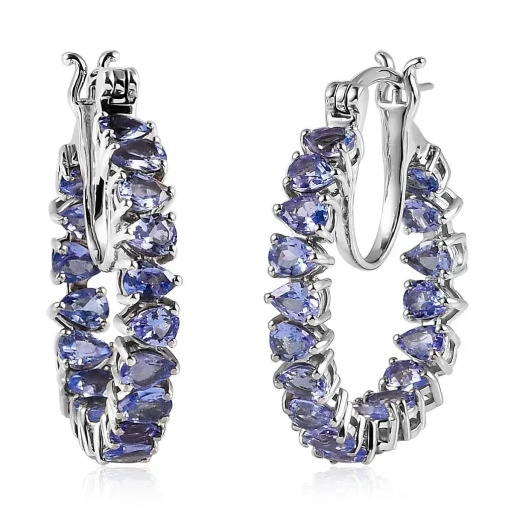 Tanzanite Earrings in Platinum Over Sterling Silver| Inside Out Earrings| Silver Hoops 5.15 ctw