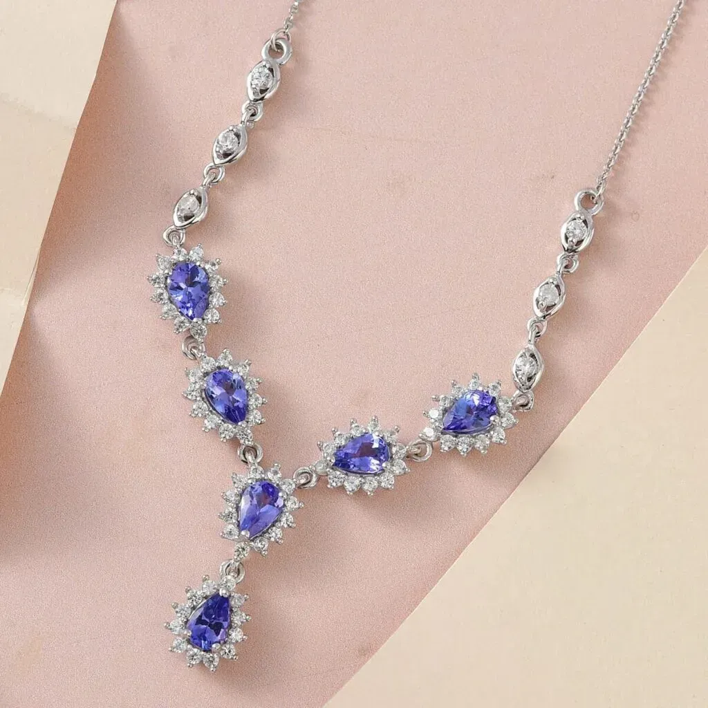 AAA Tanzanite and White Zircon Necklace 20 Inches in Platinum Over Sterling Silver 3.75 ctw