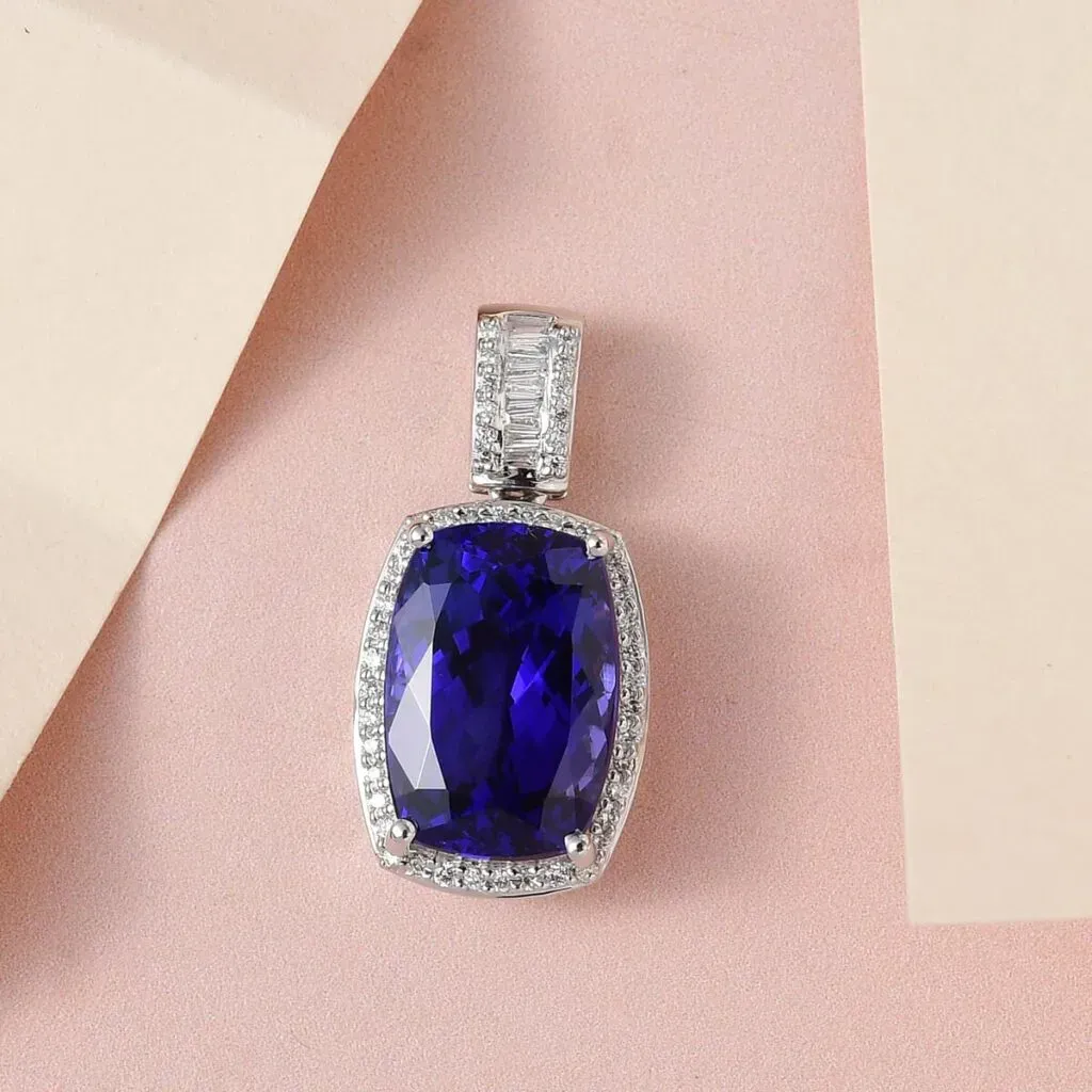 Rhapsody 950 Platinum AAAA Tanzanite and E-F VS2 Diamond Halo Pendant 5.50 Grams 7.85 ctw