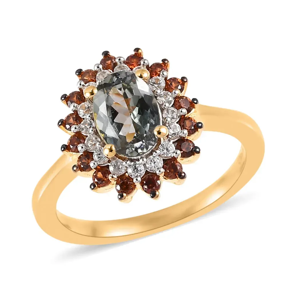 Green Tanzanite, Brown and White Zircon Sunburst Ring in Vermeil Yellow Gold Over Sterling Silver 1.50 ctw