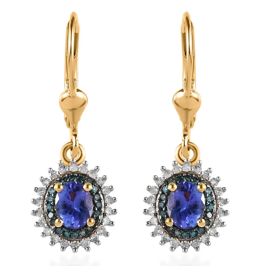 Tanzanite, Blue and White Diamond Lever Back Earrings in Vermeil Yellow Gold Over Sterling Silver 1.00 ctw