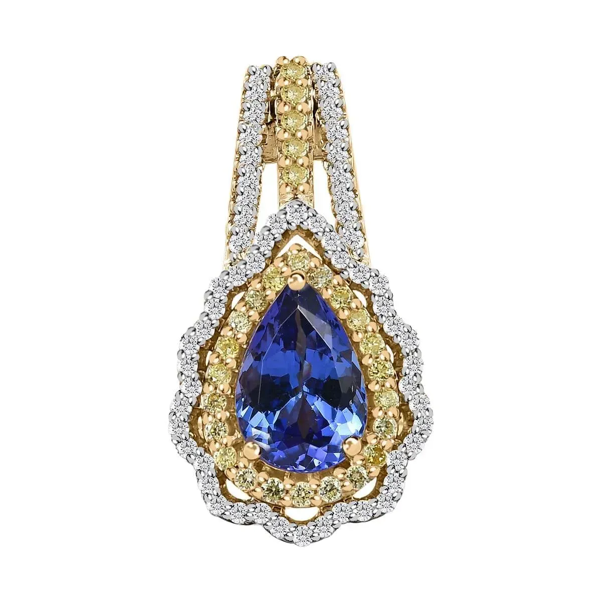 Luxoro 10K Yellow Gold Premium Tanzanite and I3 Natural Yellow and White Diamond Double Halo Pendant 1.80 ctw