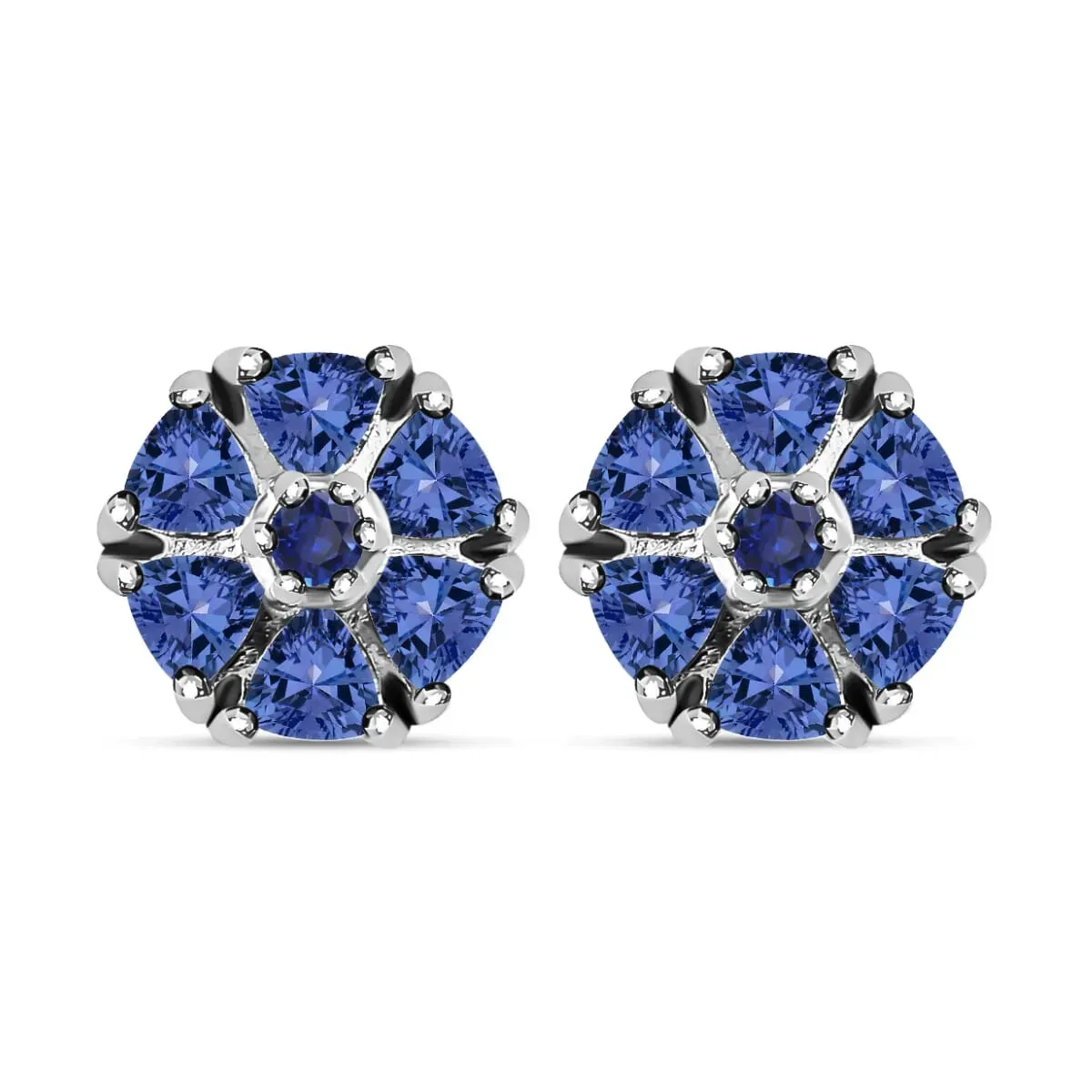 Tanzanite Stud Earrings in Platinum Plated Sterling Silver| Flower Studs For Women| Wedding Jewelry Gifts 1.10 ctw