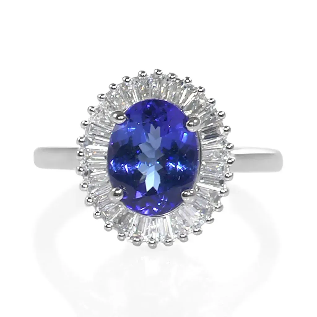 Tanzanite and diamond ballerina ring in platinum. 