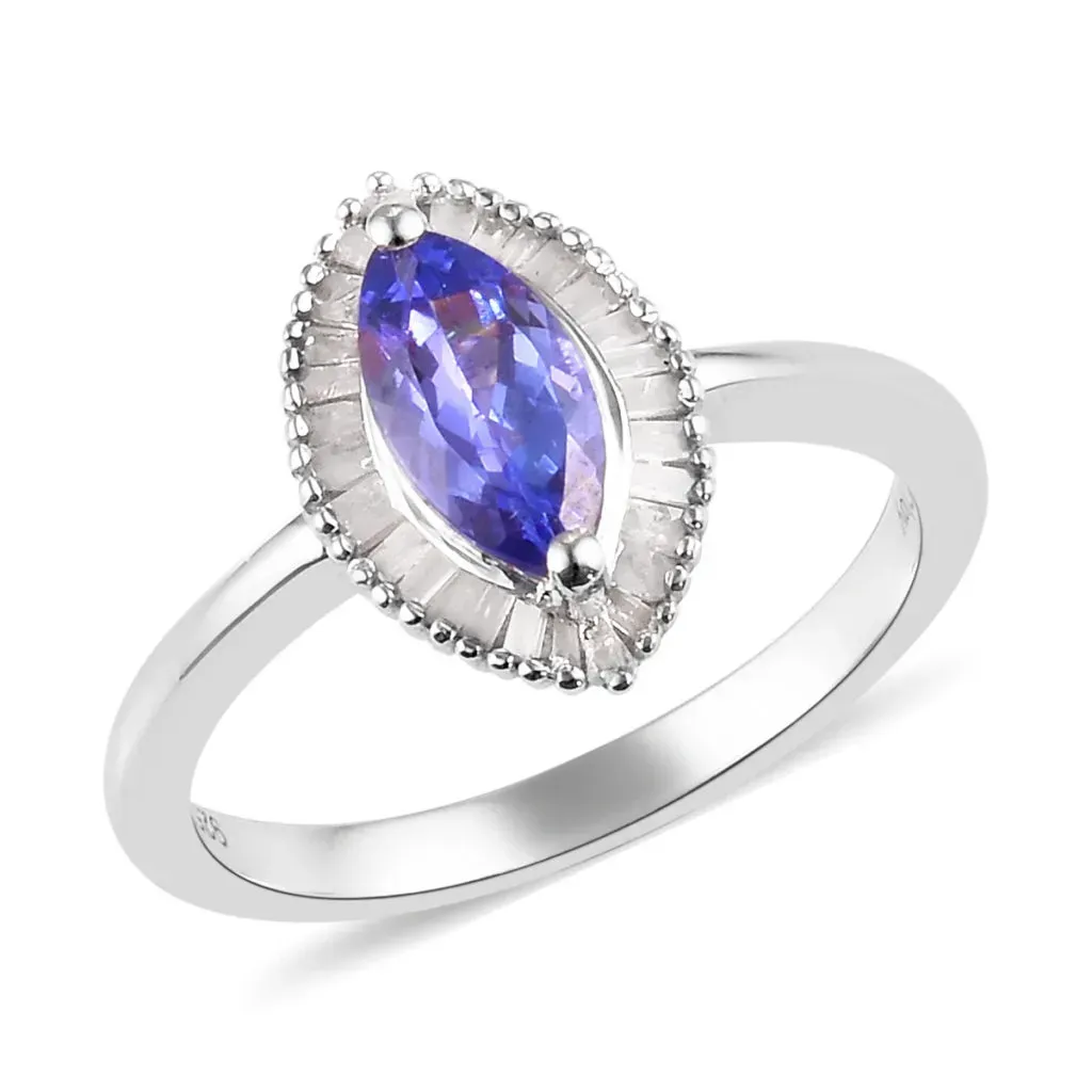 Blue gemstone marquise ring in sterling silver. 