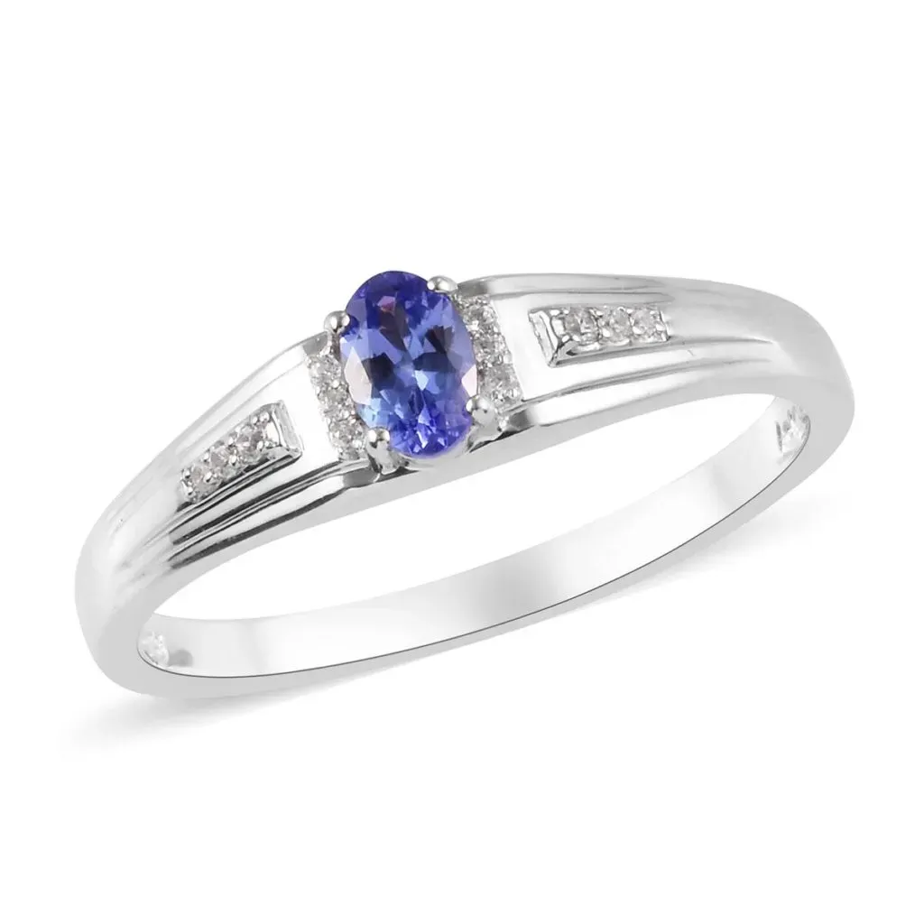 Modern tanzanite men's ring in sterling silver with platinum finish.