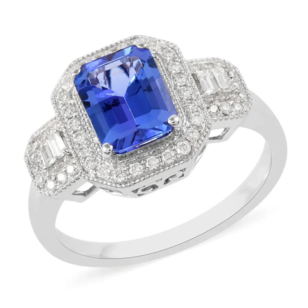 Tanzanite ring with diamond accents in platinum. 