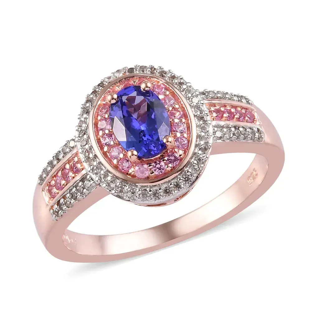 Tanzanite ring with pink sapphire and diamond halos in 10K rose gold vermeil. 