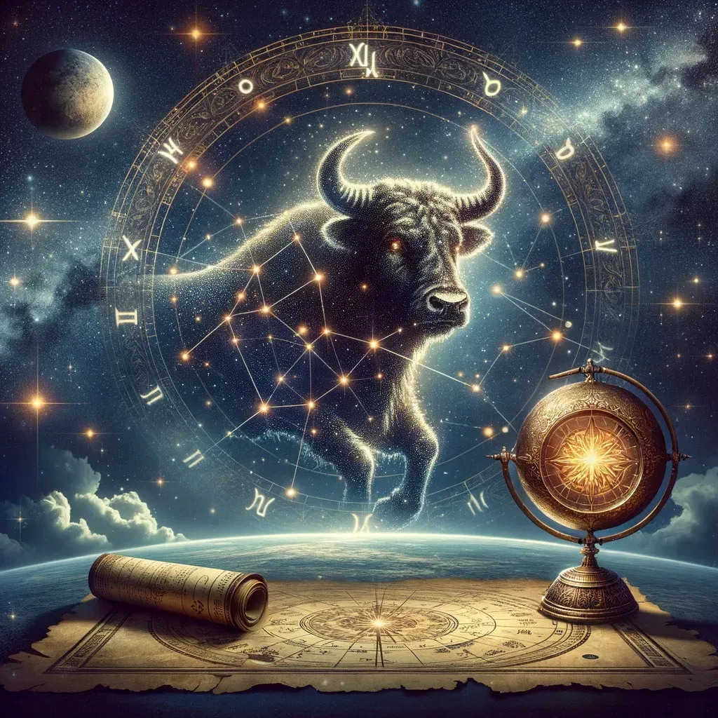 Stylized Taurus zodiac symbol against the night sky. 