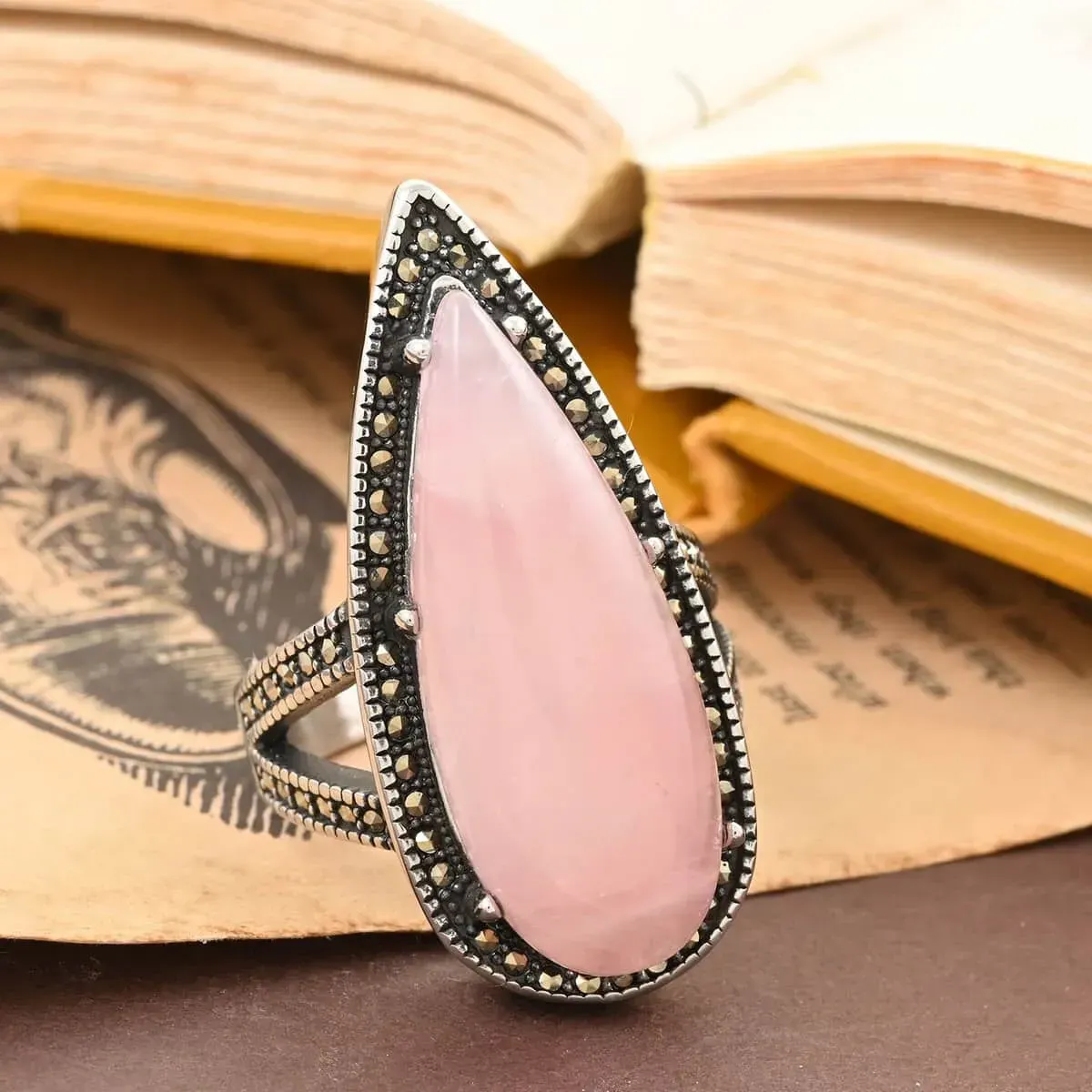 Galilea Rose Quartz and Mosaic Stone Halo Ring in Black Oxidized Stainless Steel