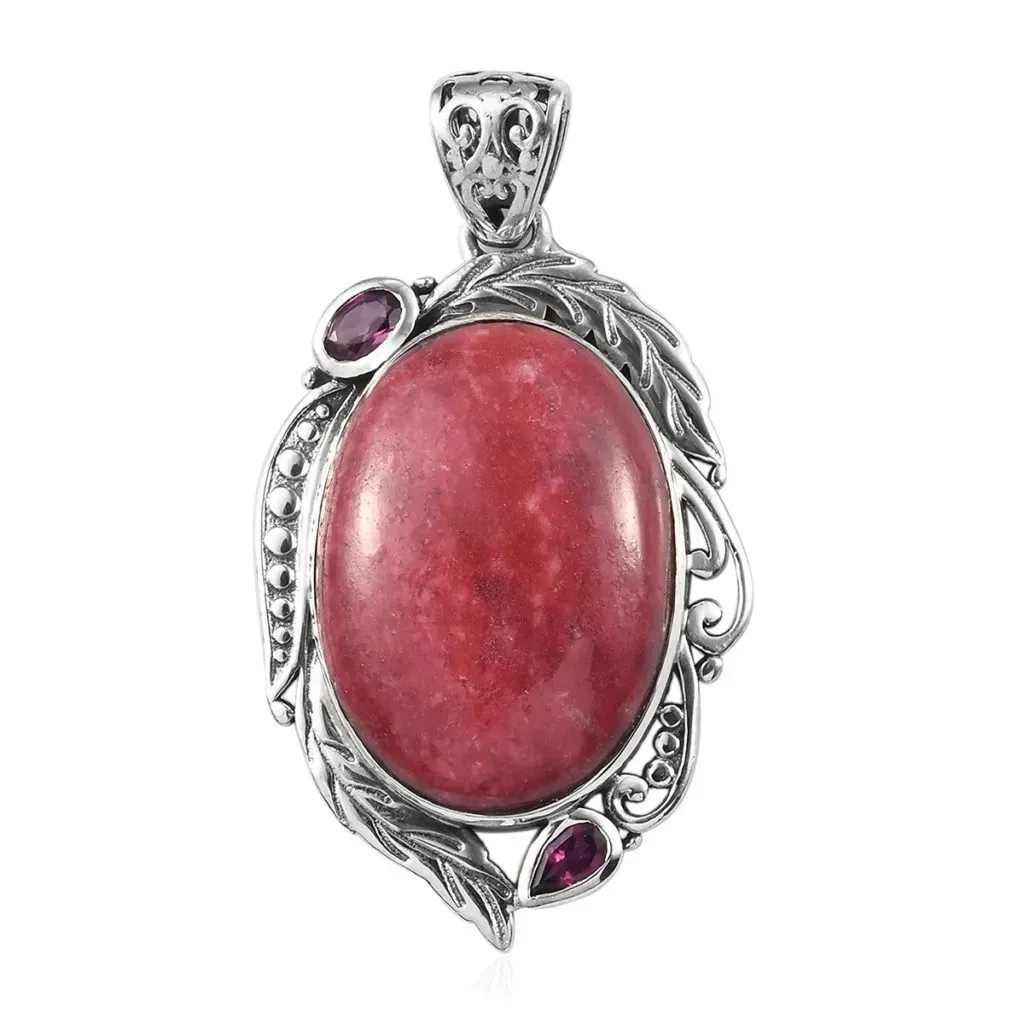 Norwegian Thulite and Orissa Rhodolite Garnet Pendant in Sterling Silver 29.60 ctw