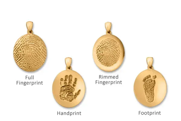 Matching golden pendants with fingerprints and handprints.