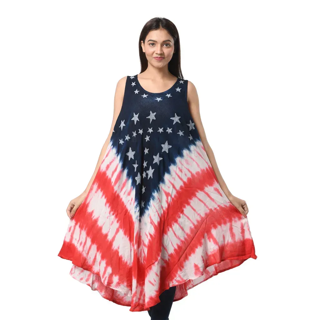 Red, white, and blue tie dye dress. 