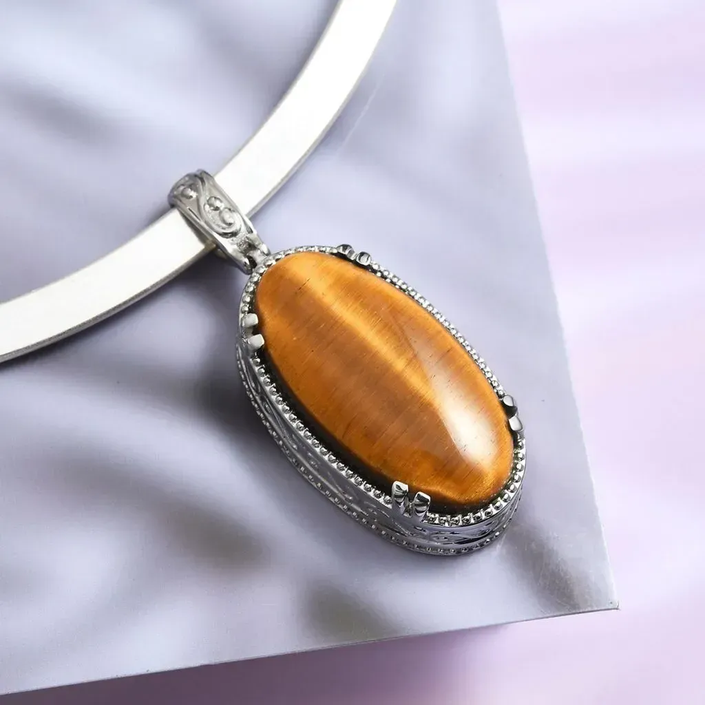 South African Tigers Eye Pendant in Stainless Steel With Platinum Bond Brass Collar Necklace