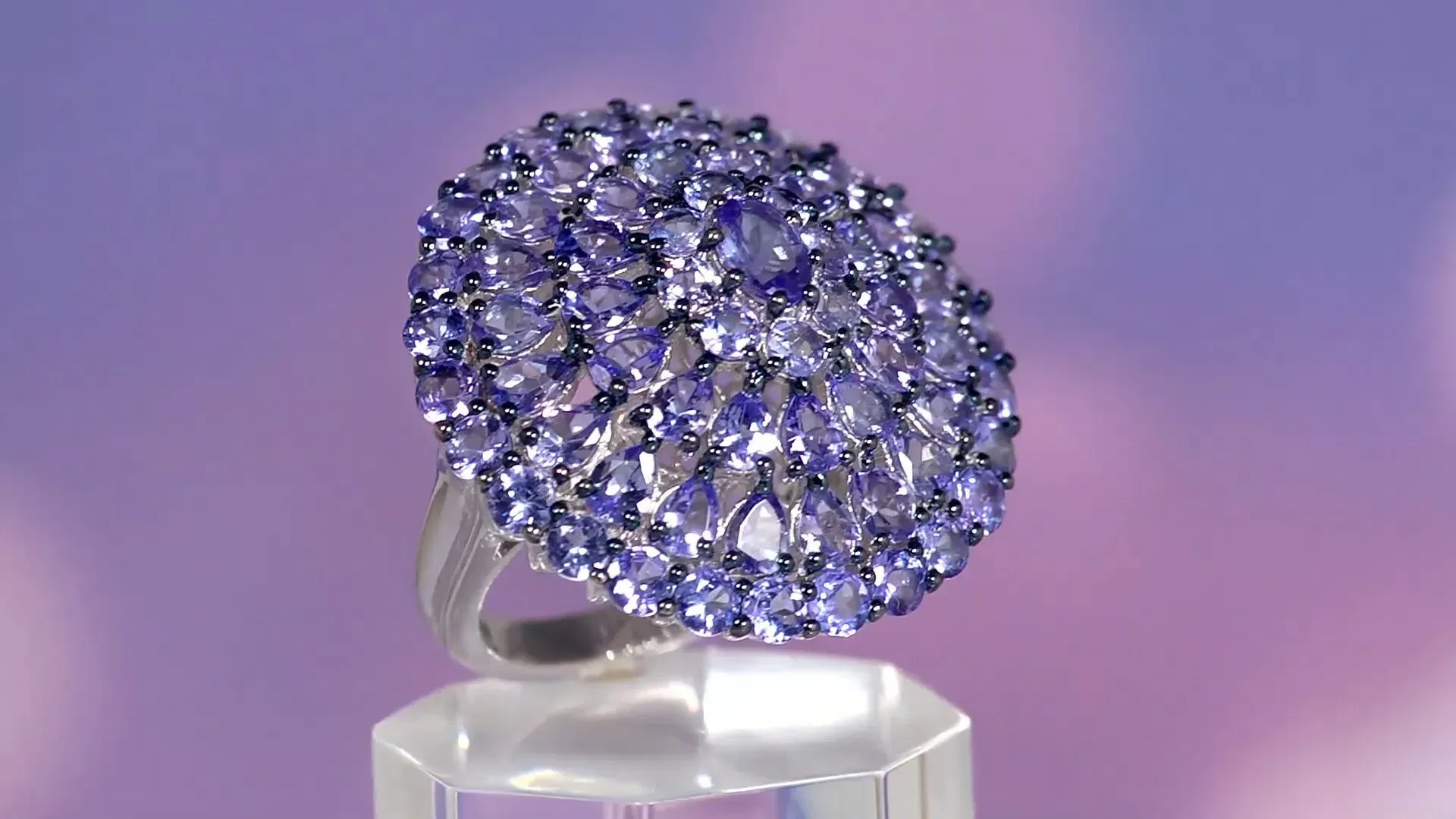 A finished tanzanite cluster ring. 