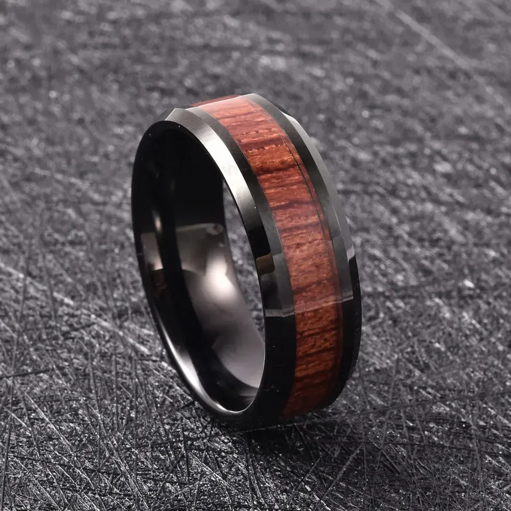 Tungsten band ring with acacia wood inlay. 